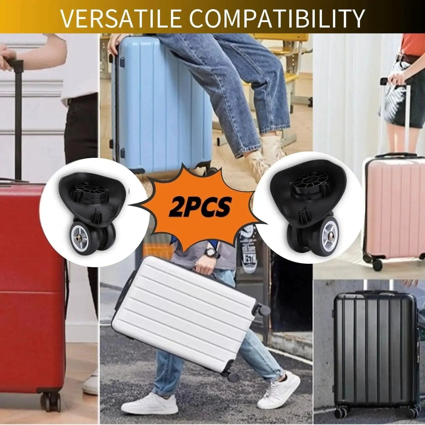360 Degree Swivel PVC Suitcase Wheels Replacement Pair With Double Roller Bearings displayed with various luggage compatibility