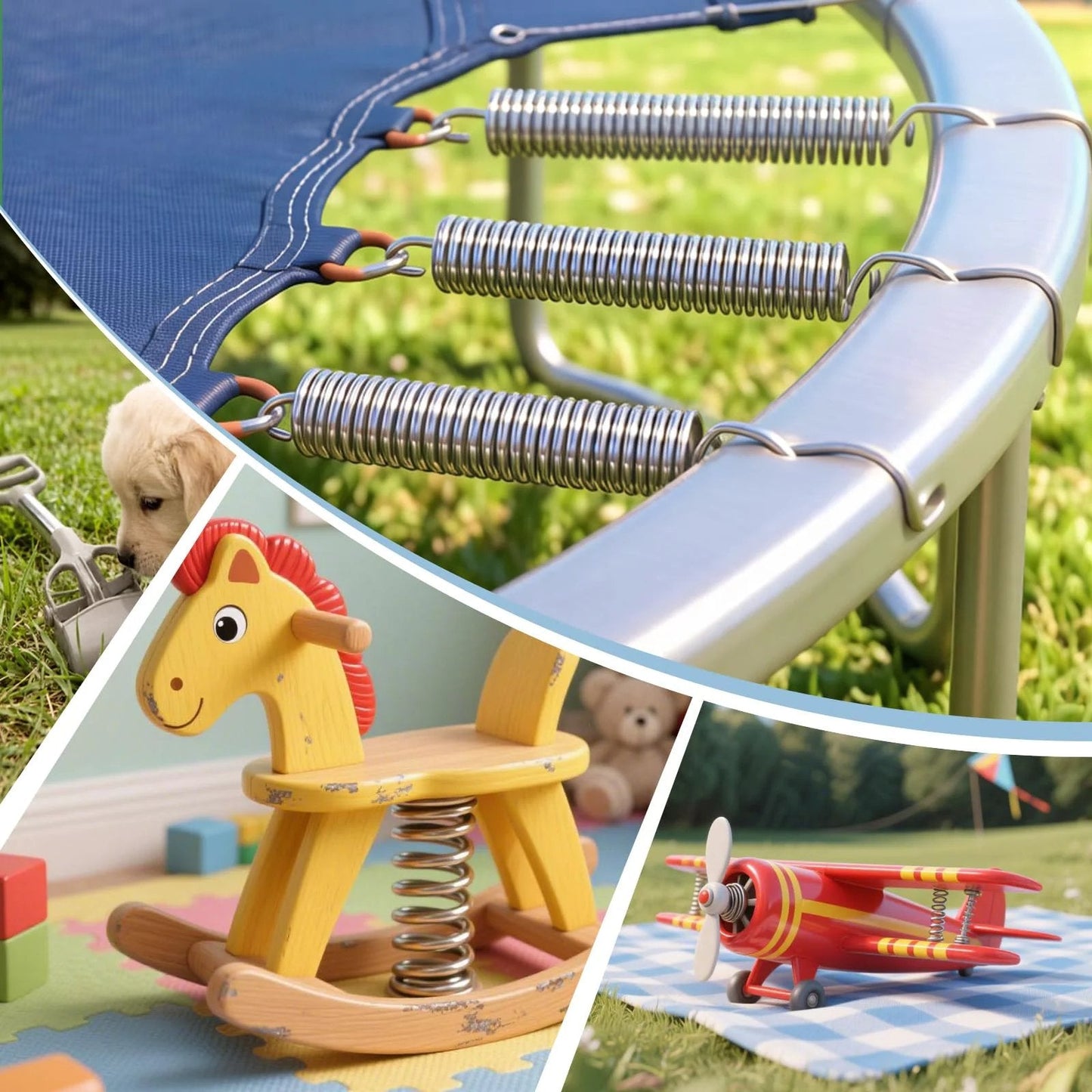 Heavy Duty 6.5 Inch Stainless Steel Extension Springs With Hook Ends Pack Of 12, 0.03 Inch Wire Diameter, 0.4 Inch Outer Diameter, 304 Stainless Steel, Rust Resistant Tension Springs For Doors, Garages, Industrial Projects installed on trampoline frame.