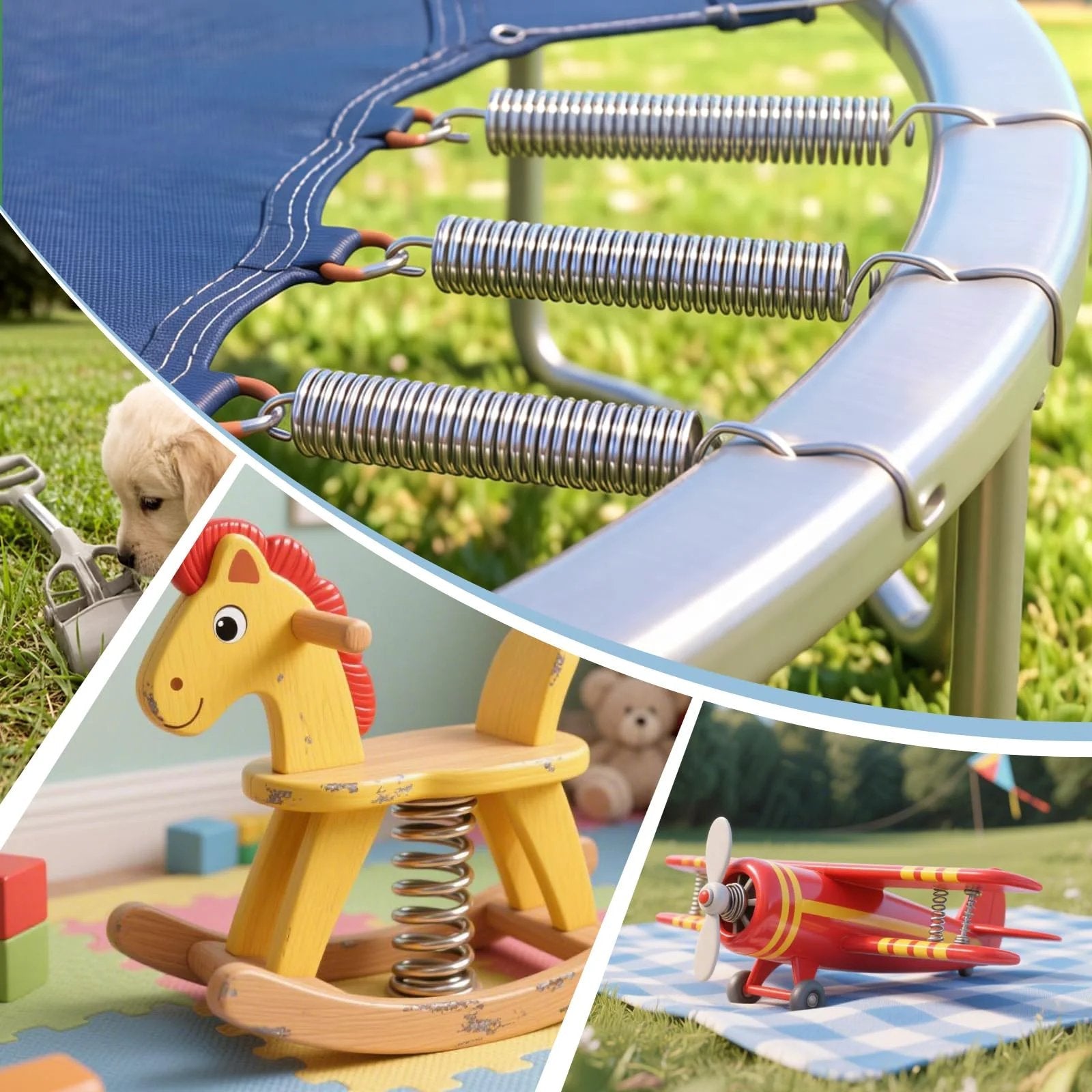 Heavy Duty 6.5 Inch Stainless Steel Extension Springs With Hook Ends Pack Of 12, 0.03 Inch Wire Diameter, 0.4 Inch Outer Diameter, 304 Stainless Steel, Rust Resistant Tension Springs For Doors, Garages, Industrial Projects installed on trampoline frame.
