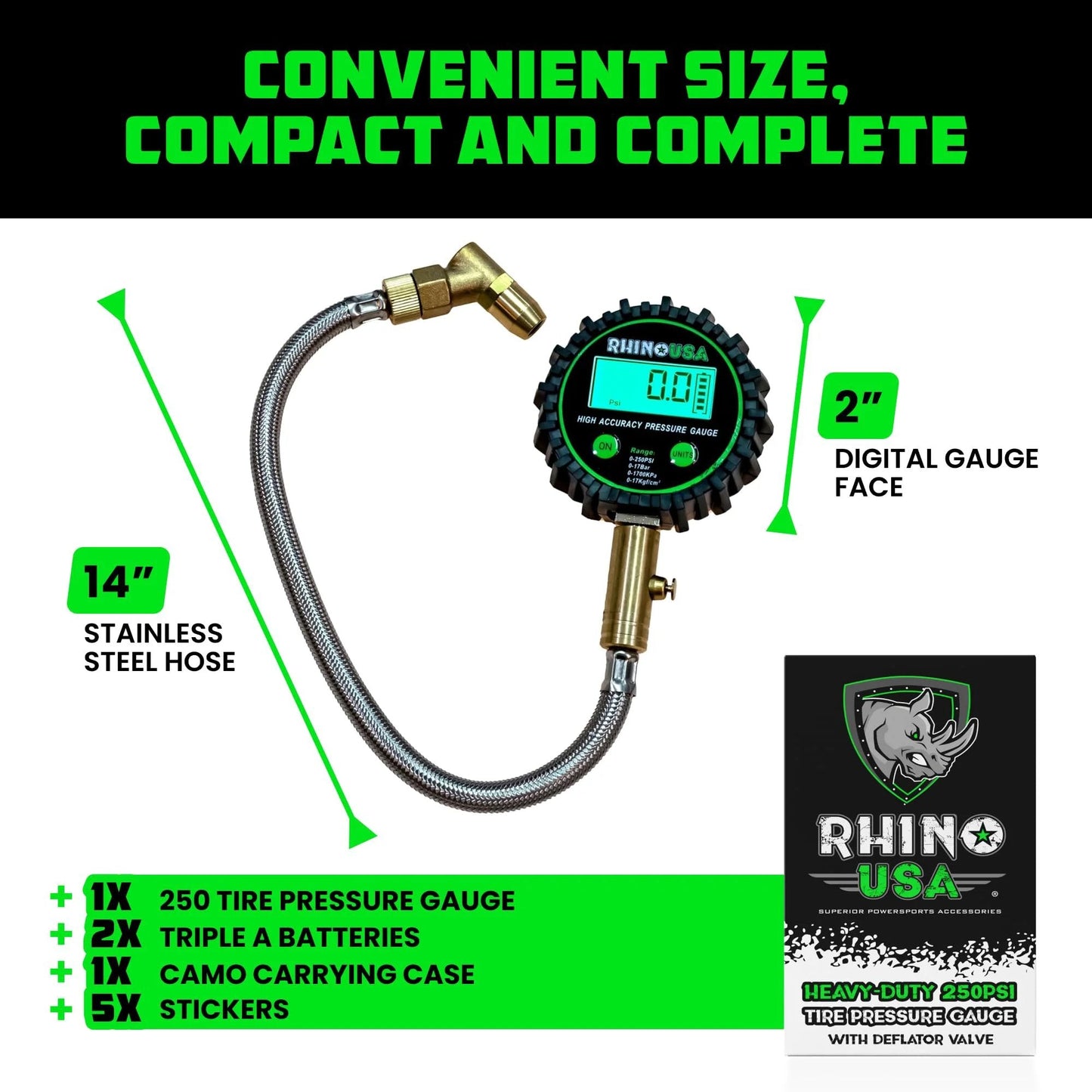 Ultimate Tire Pressure Gauge With Glow Dial And Premium Braided Hose 0-250 Psi ANSI B40.7 Accurate Heavy Duty Air Chuck Brass Swivel Head Bleeder Valve For Trucks Cars Semis RVs And More American Owned shown with digital display and stainless steel hose.