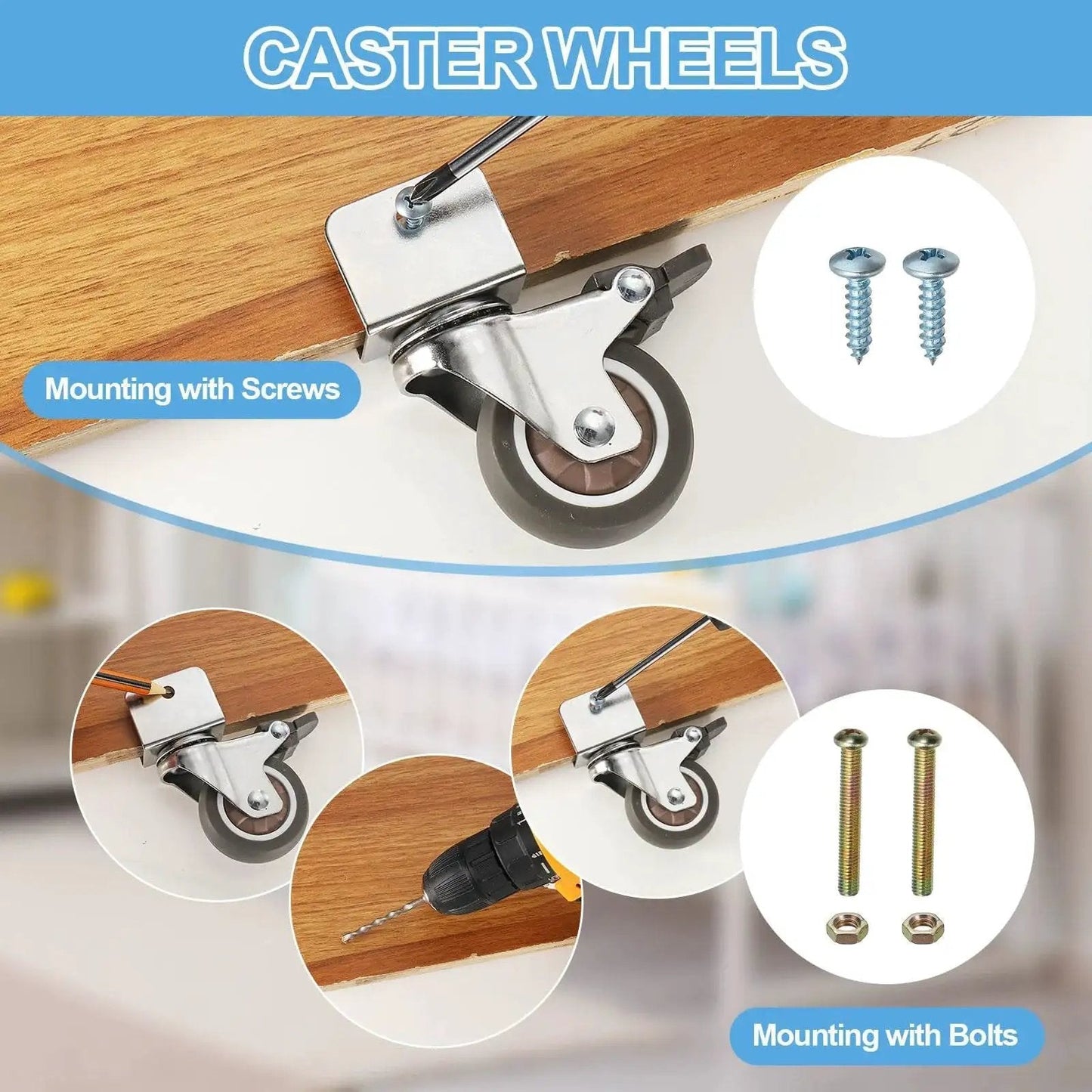 Image showing installation of caster wheels using screws and bolts. Visible: metal bracket, wooden surface, drill, and screws.