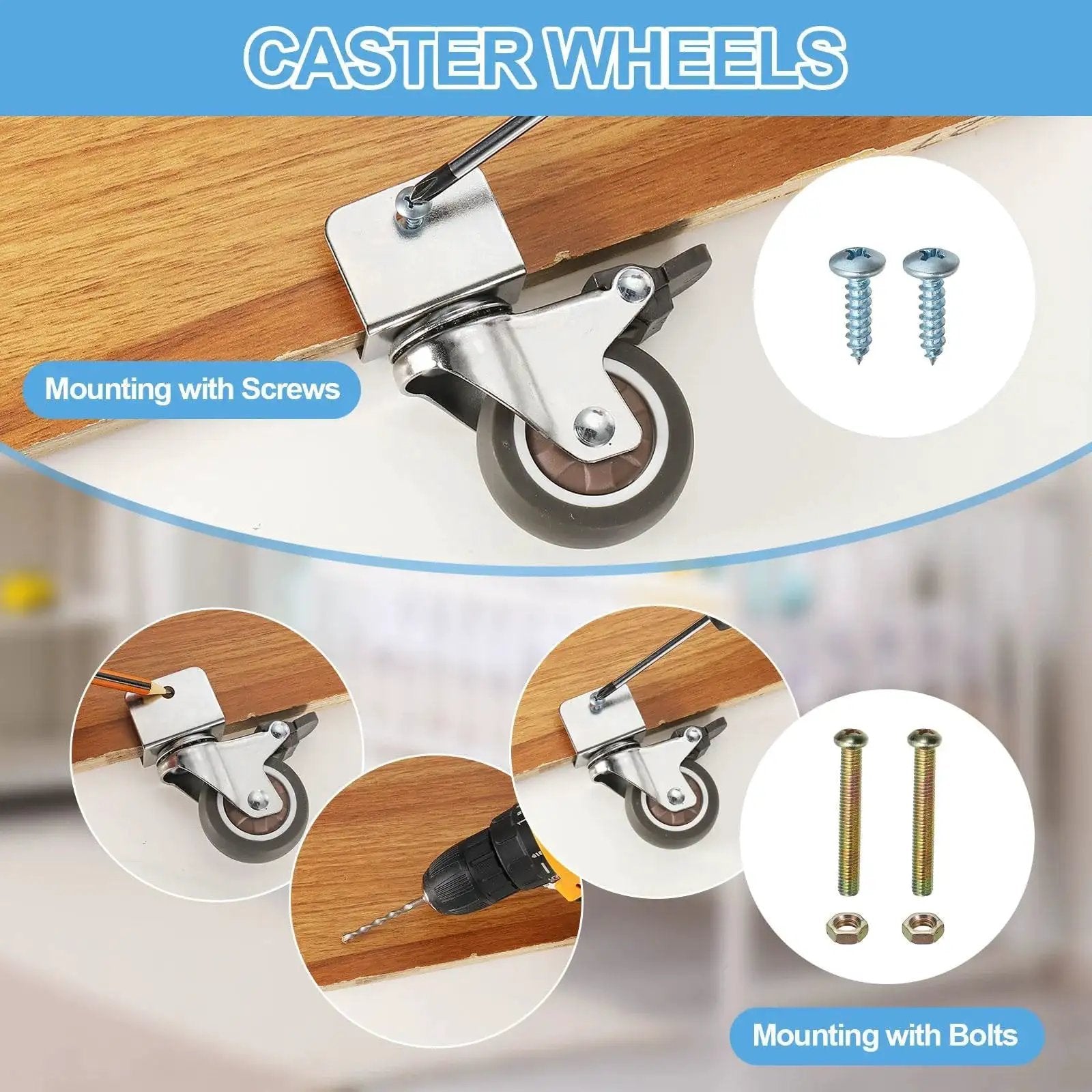 Image showing installation of caster wheels using screws and bolts. Visible: metal bracket, wooden surface, drill, and screws.