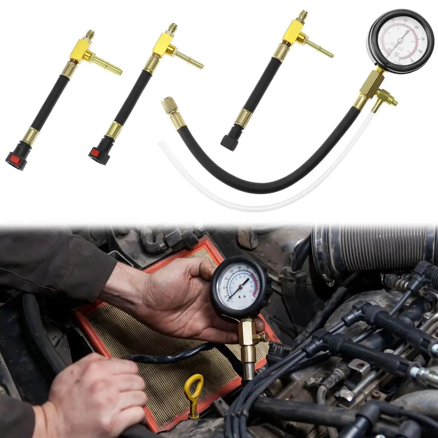 Universal Fuel Pressure Test Kit With Dual Gauge 0 To 7 Bar 0 To 100 PSI being used on car engine