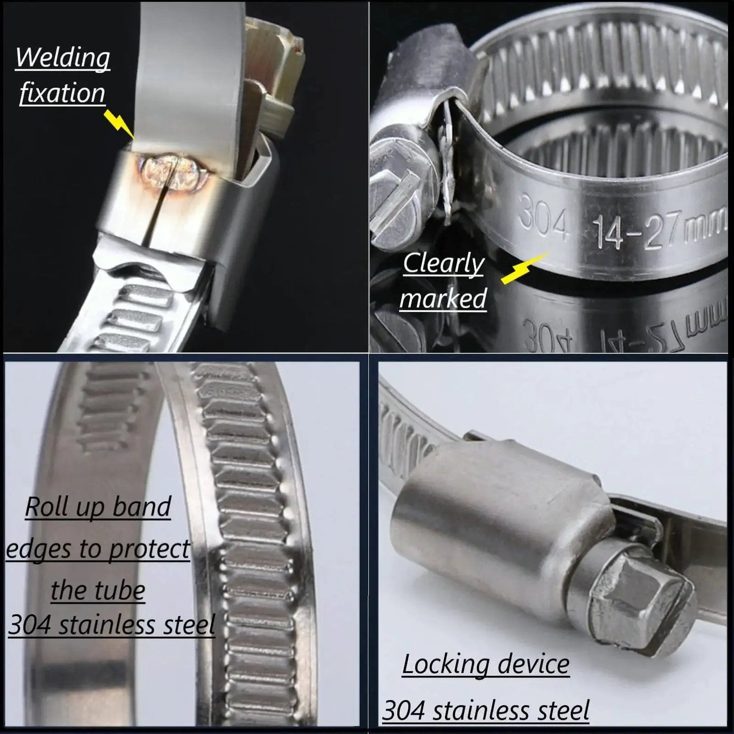 Pro Grade Heavy Duty High Pressure Hose Clamps 15 Pack 5/9 To 1-1/10 Inch Adjustable Worm Gear Drive 304 Stainless Steel Band details