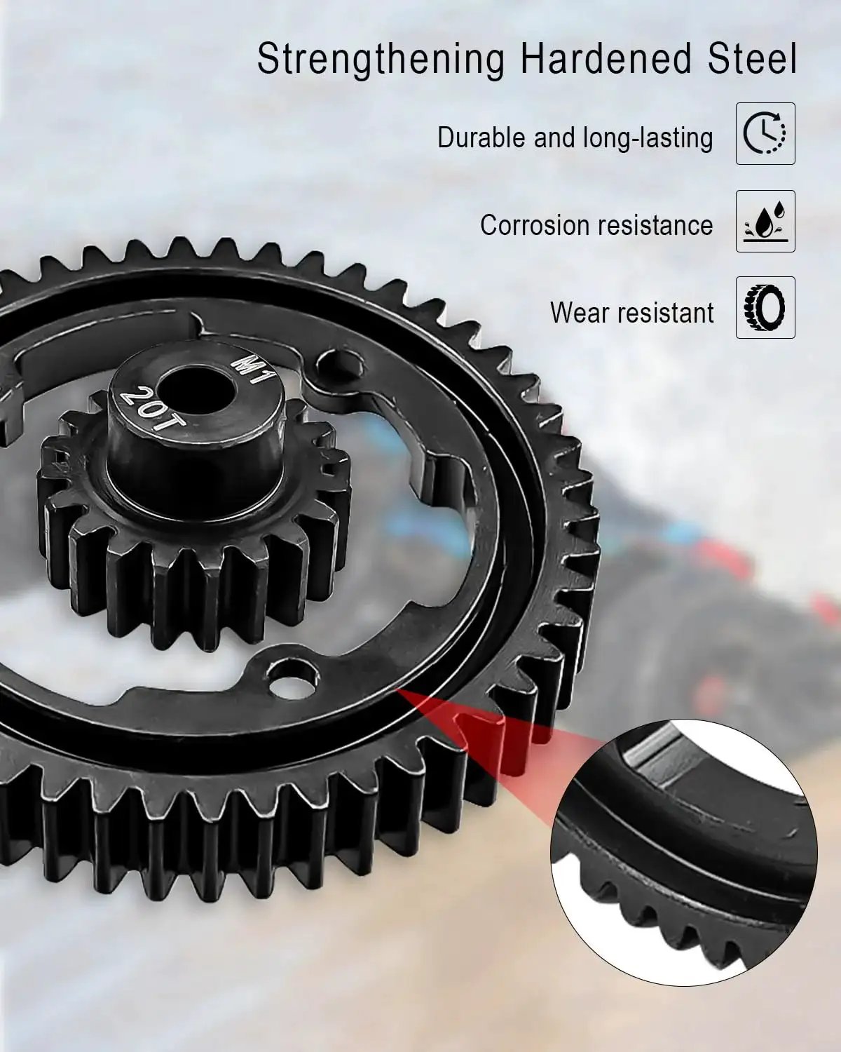 Beefy 50T M1.0 Hardened Steel Spur Gear With 20T Pinion Gear for Traxxas RC cars, showcasing durable and wear-resistant design.