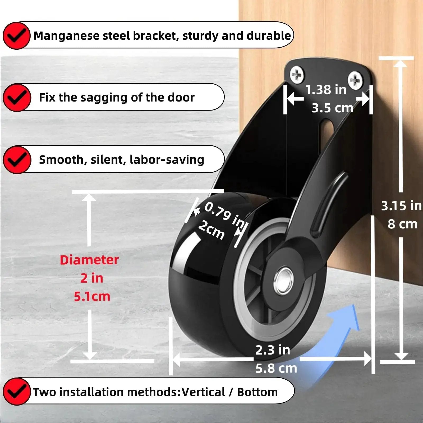 Diagram of 4-Pack 2-Inch Gate Wheels With Vertical Mount Anti-Sag Support For Dropping Wooden Doors And Furniture, illustrating dimensions and features.