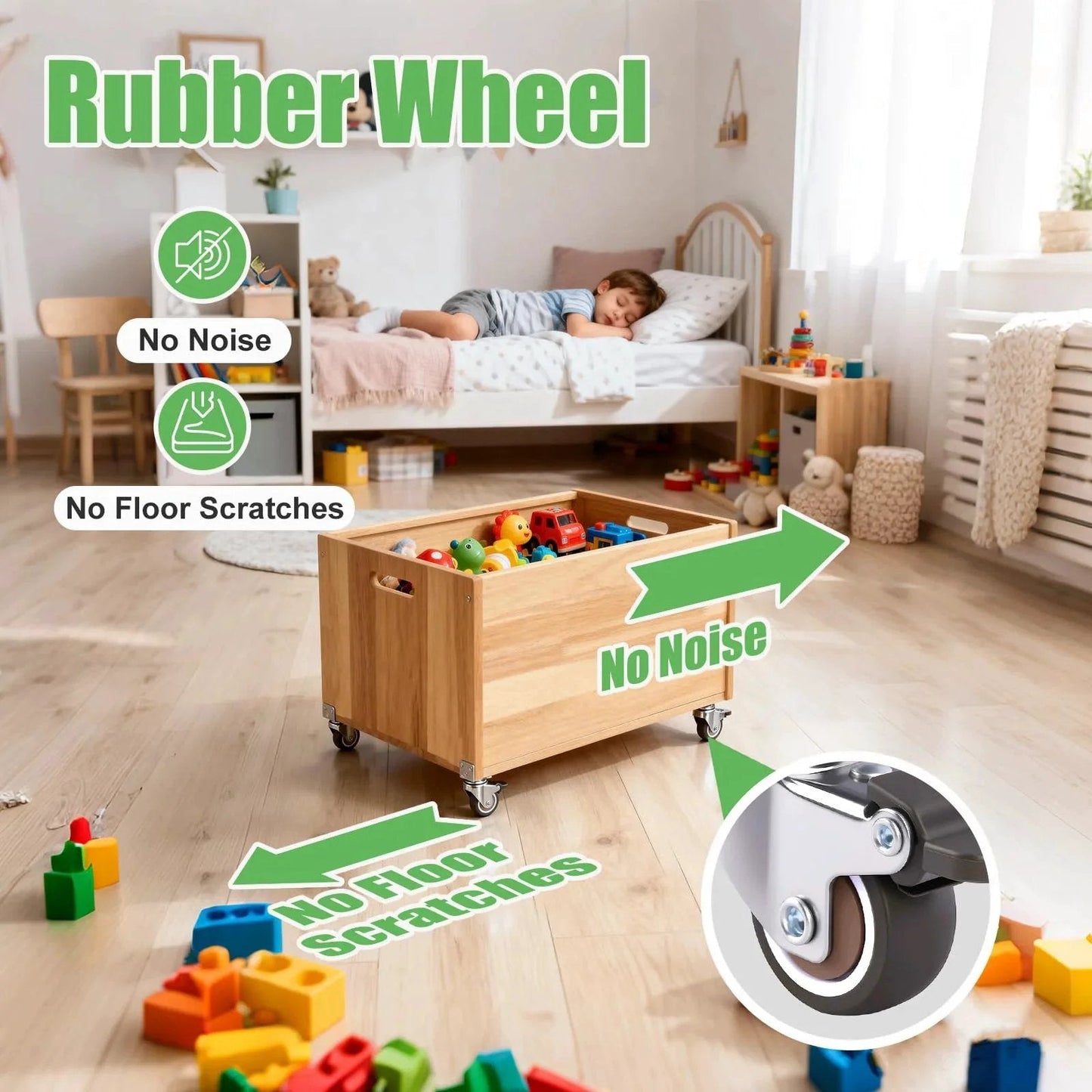 Wooden toy box with rubber wheels on 1 inch small caster wheels set of 4 with L bracket, ideal for underbed drawers and DIY projects, 97 lbs capacity.