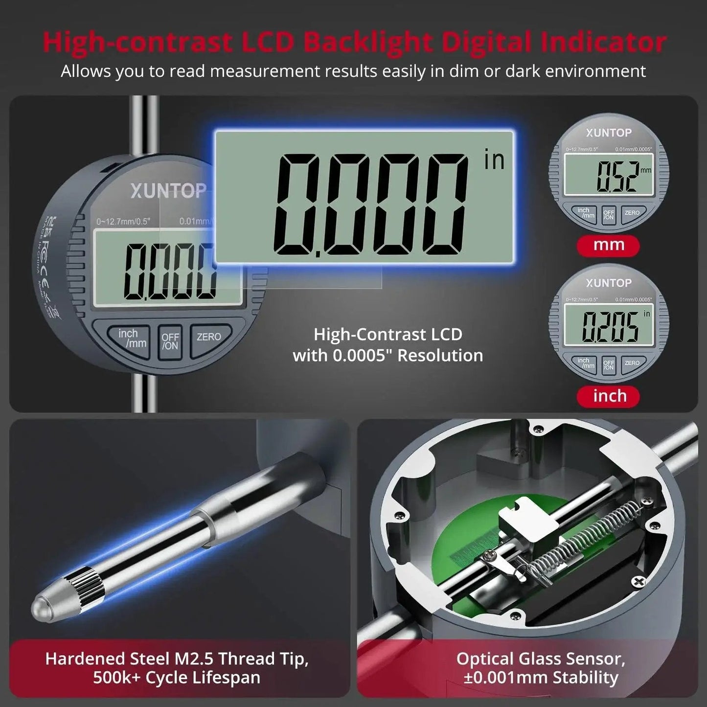 Digital Bore Gauge Set 2-6 Inch Range 50-160mm with LCD Display showing 0.0005 precision, includes optical glass sensor and steel tip.