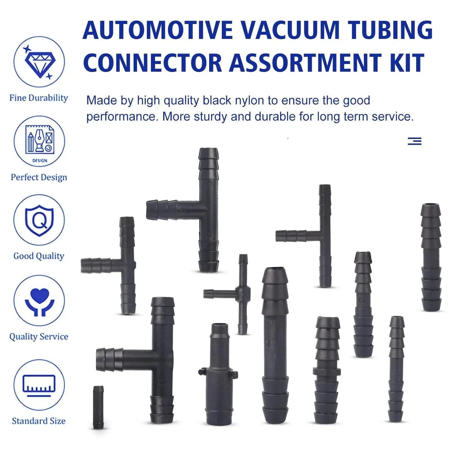 All In One Nylon 66 Vacuum Connector Kit With Heat Resistant 240C And 460F Rating, 113 Piece Assortment displayed with connectors.