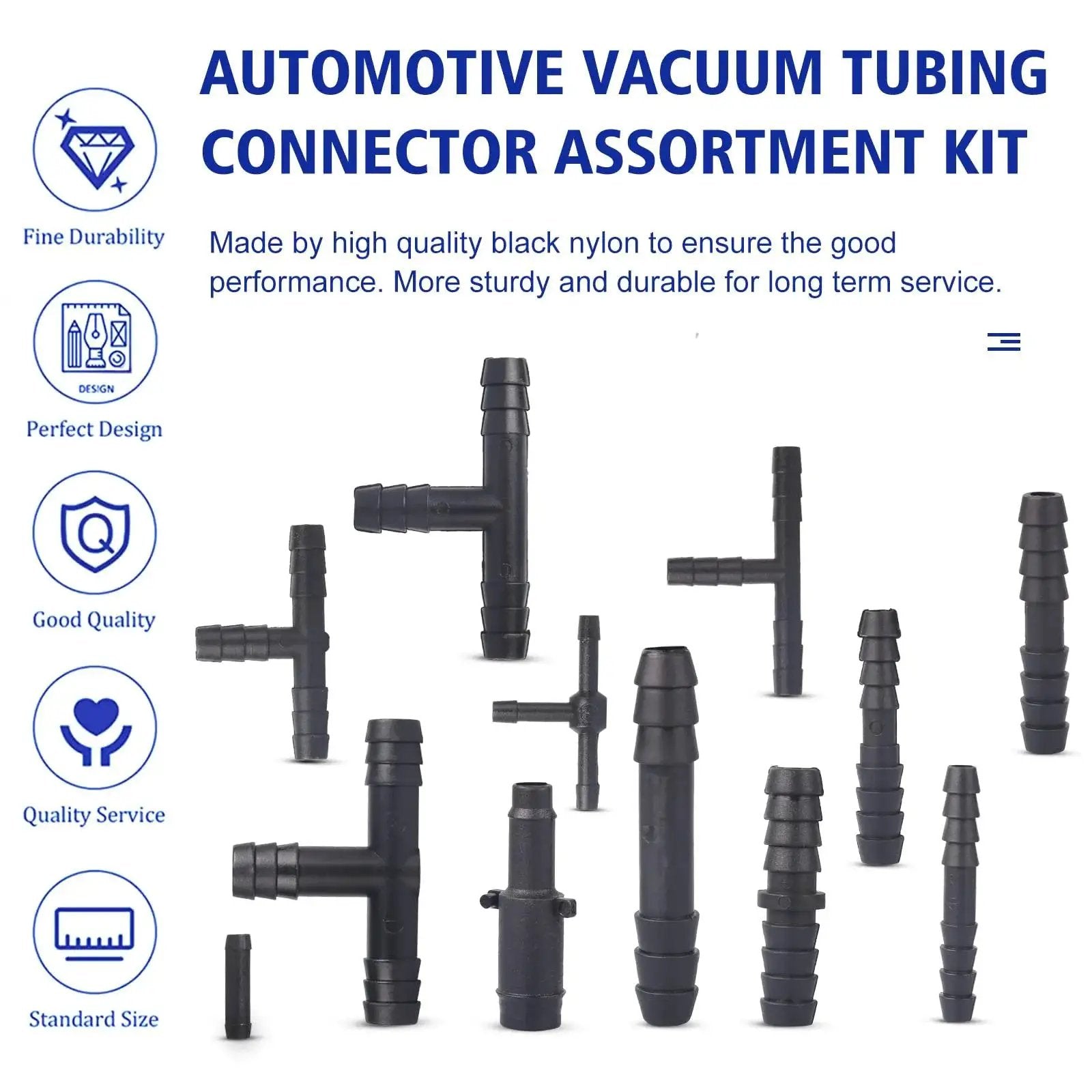 All In One Nylon 66 Vacuum Connector Kit With Heat Resistant 240C And 460F Rating, 113 Piece Assortment displayed with connectors.