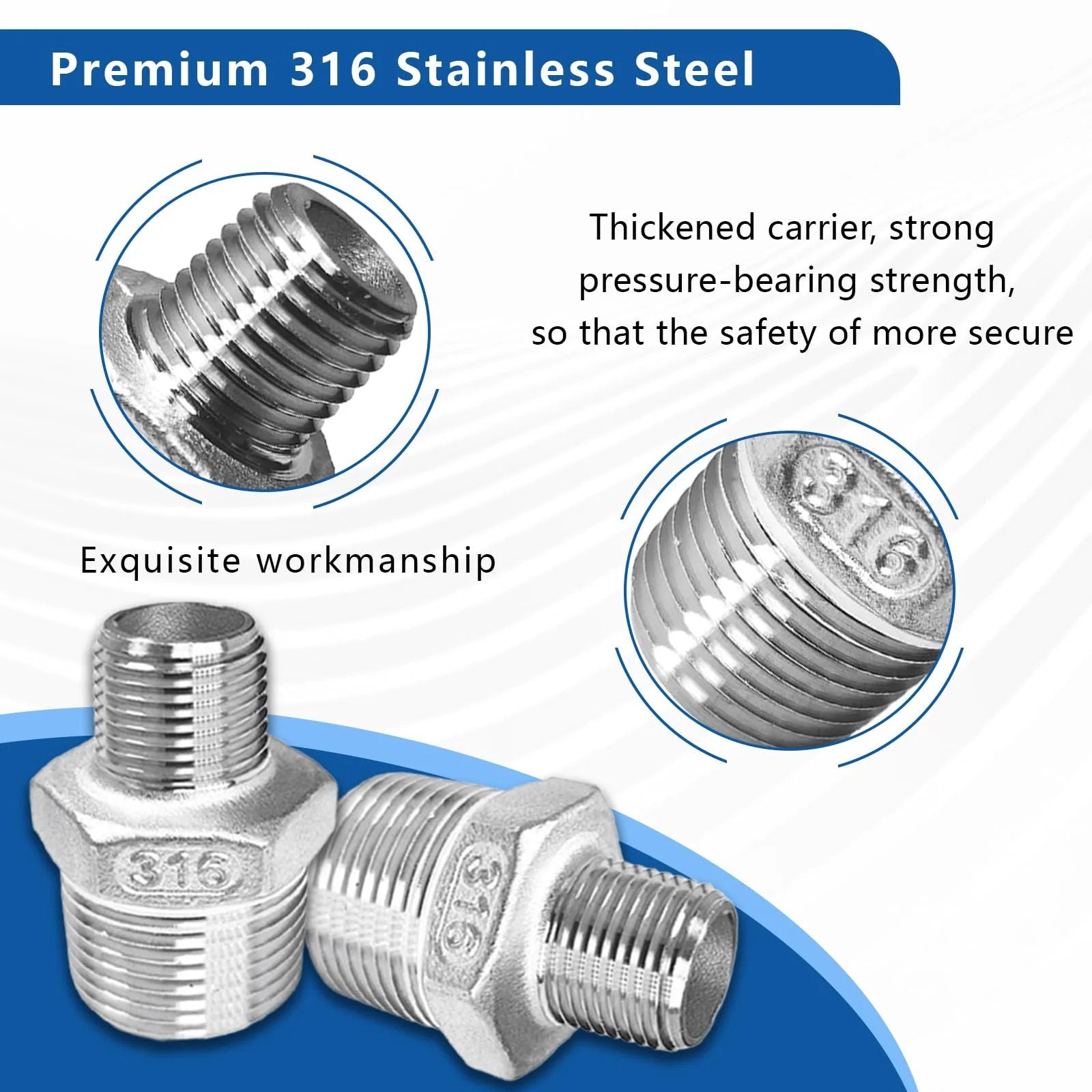 Built To Last 316 Stainless Steel Reducing Hex Nipple 3/4 To 1/2 NPT Male Pipe Fitting Adapter, corrosion resistant