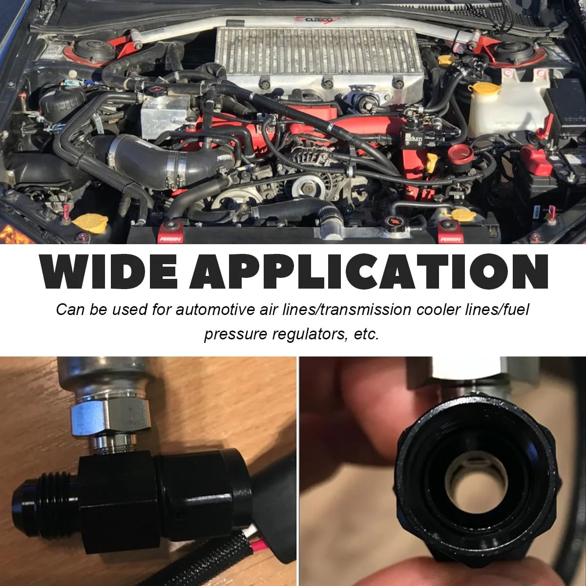 6AN Male Flare to 6AN Female Swivel Fitting Adapter in car engine bay and close-up showing One Eighth NPT Gauge Port.