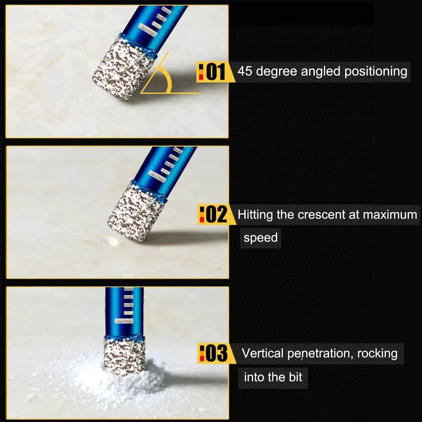 9-Piece Premium Diamond Drill Bit Set for Precision Drilling in Porcelain, Ceramic, Glass, and Marble shown in drilling process steps