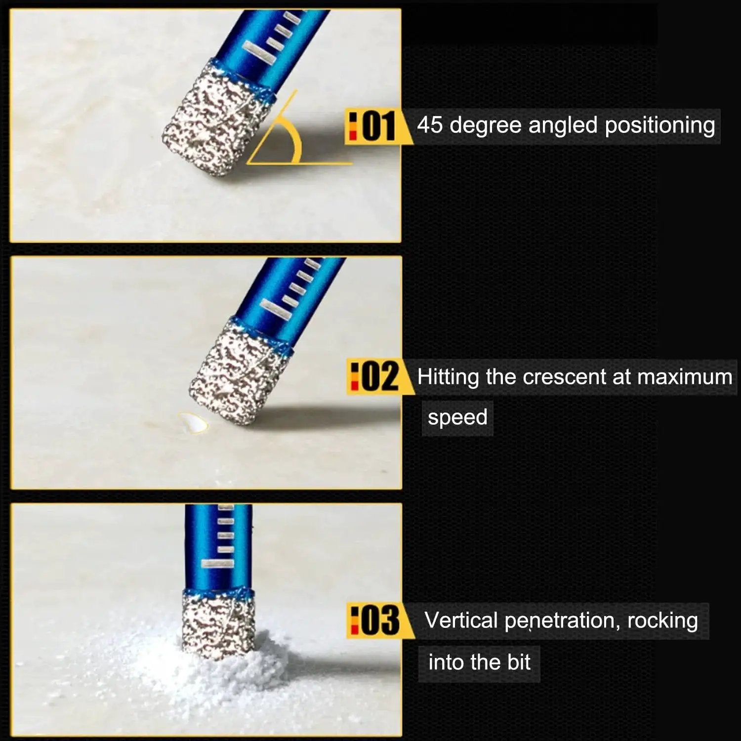 9-Piece Premium Diamond Drill Bit Set for Precision Drilling in Porcelain, Ceramic, Glass, and Marble shown in drilling process steps
