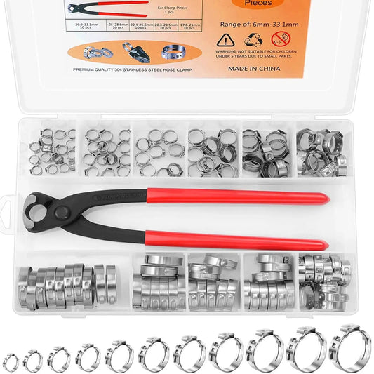 Pro Grade 120 Pcs Ear Hose Clamp Kit With 11 Sizes From 6 To 33.1mm Stepless Cinch Rings Crimp Assortment In 304 Stainless Steel And An Ear Clamp Pincer For Securing Pipes Or Hoses Hydencamm