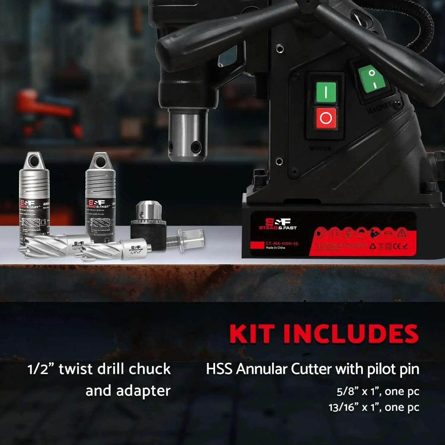 Magnetic Drill Press Kit 1100W Portable, 700 RPM No Load, 2 Inch Depth of Cut with HSS Annular Cutter and 1/2 inch twist chuck