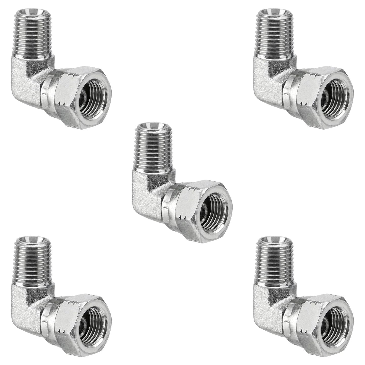 Five Pack 90 Degree Hydraulic Elbow Fittings 1 Quarter NPTF Male To 1 Quarter NPSM Female fittings with silver finish