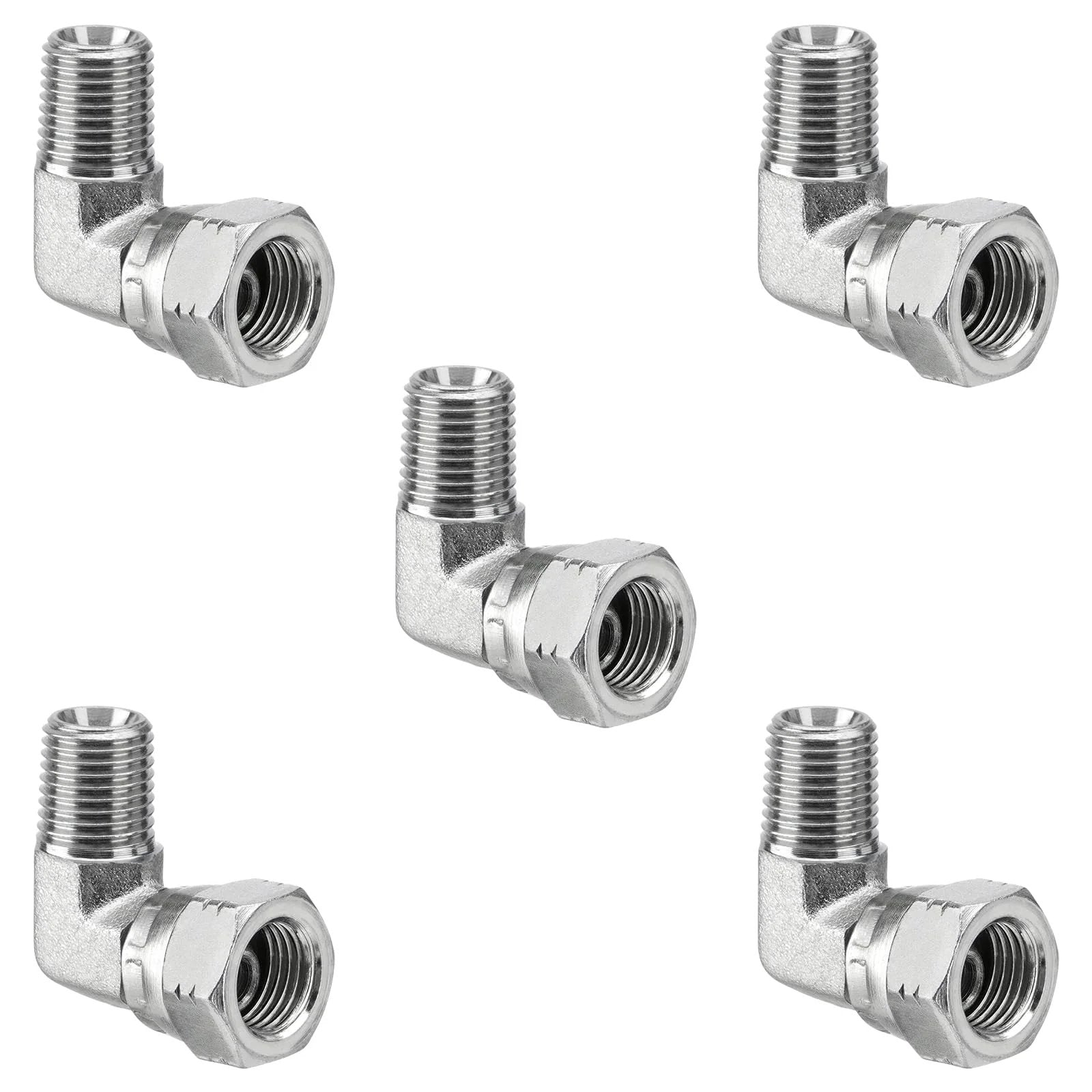 Five Pack 90 Degree Hydraulic Elbow Fittings 1 Quarter NPTF Male To 1 Quarter NPSM Female fittings with silver finish