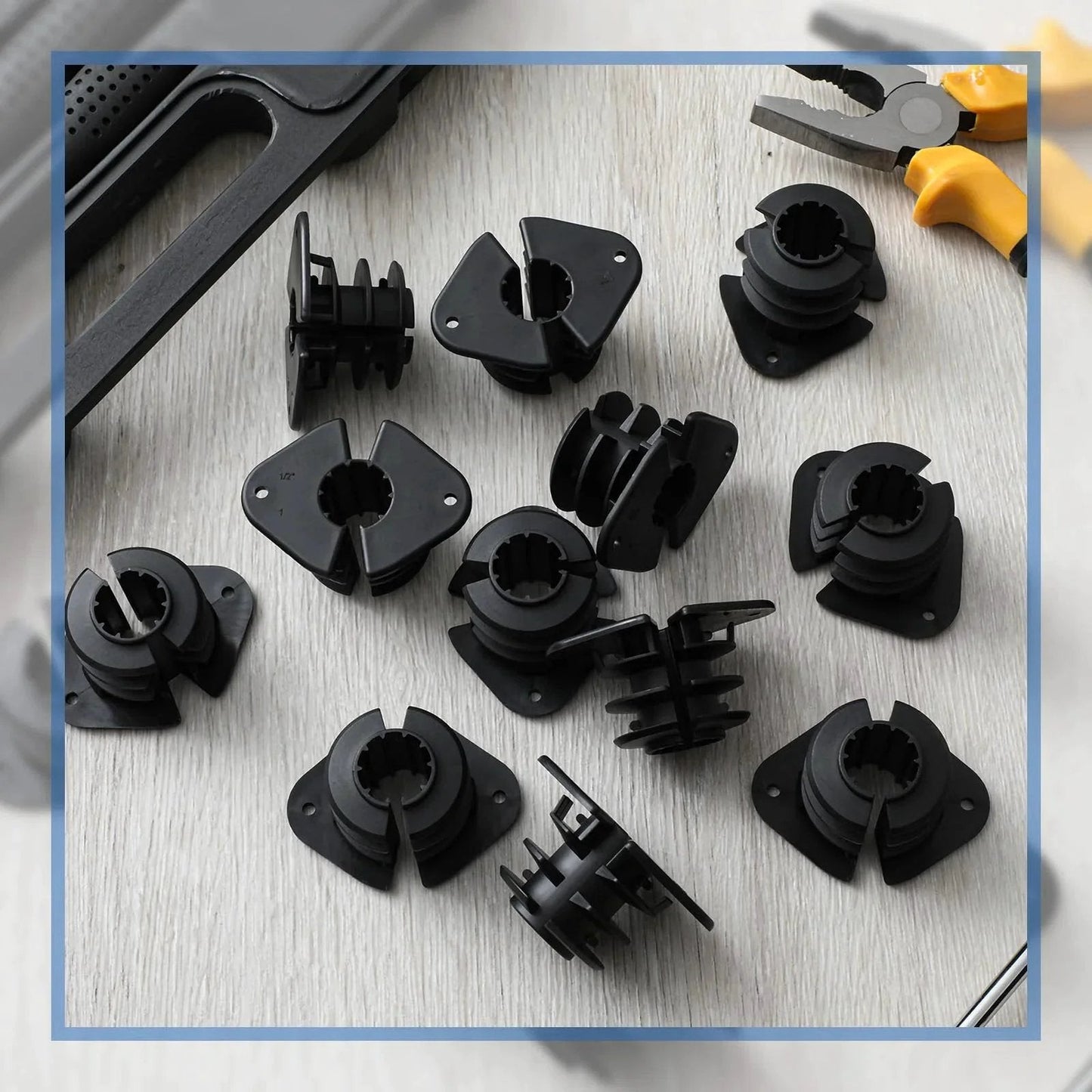 3/4 Inch Thru Isolation Clamp Pack For Pex, Copper, CPVC, And Wood Pipes, 50 Pcs Briwooody Durable Plastic Clamps on table