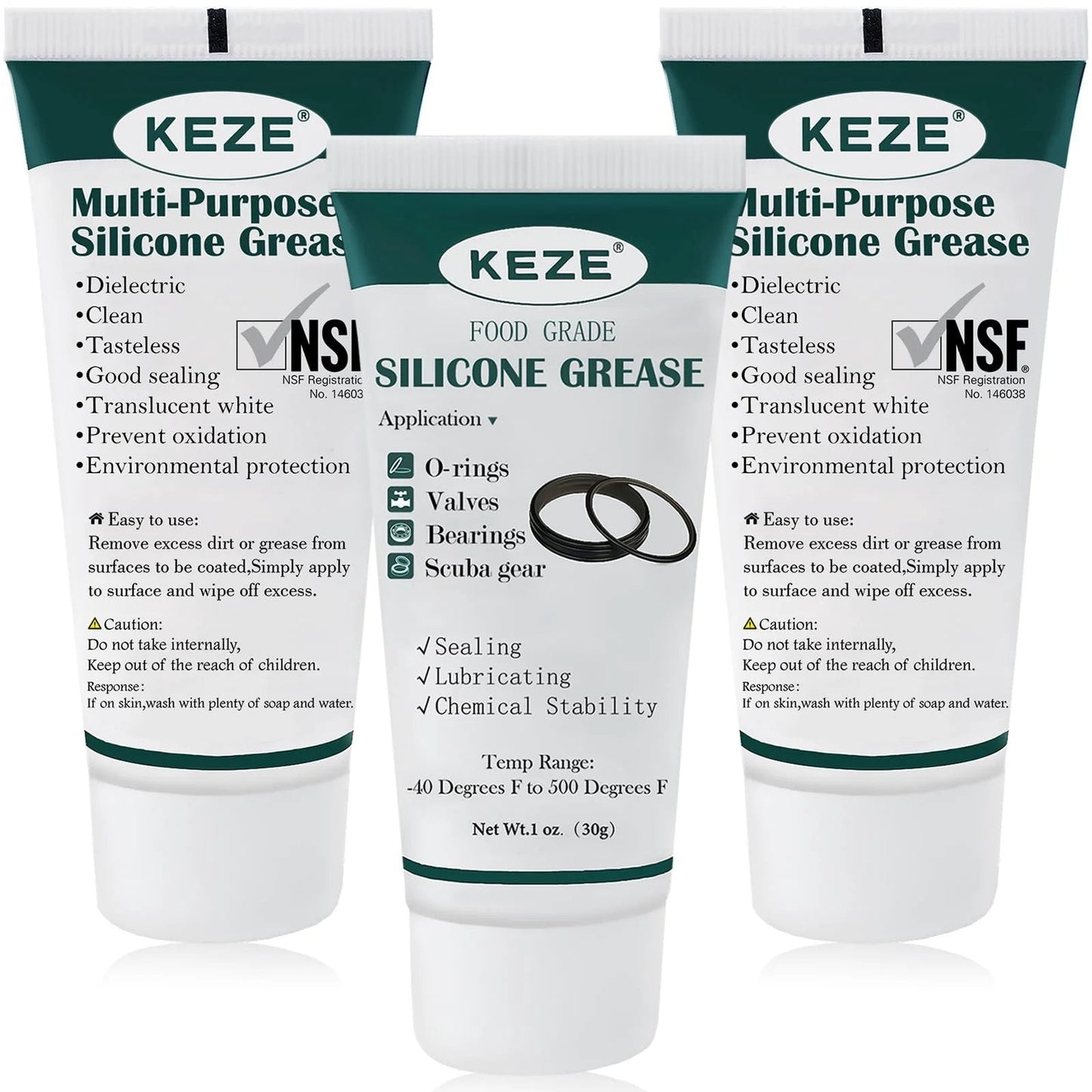 Front view of KEZE 3-pack food grade silicone grease for faucets and valves, waterproof sealant lubricant, NSF approved.