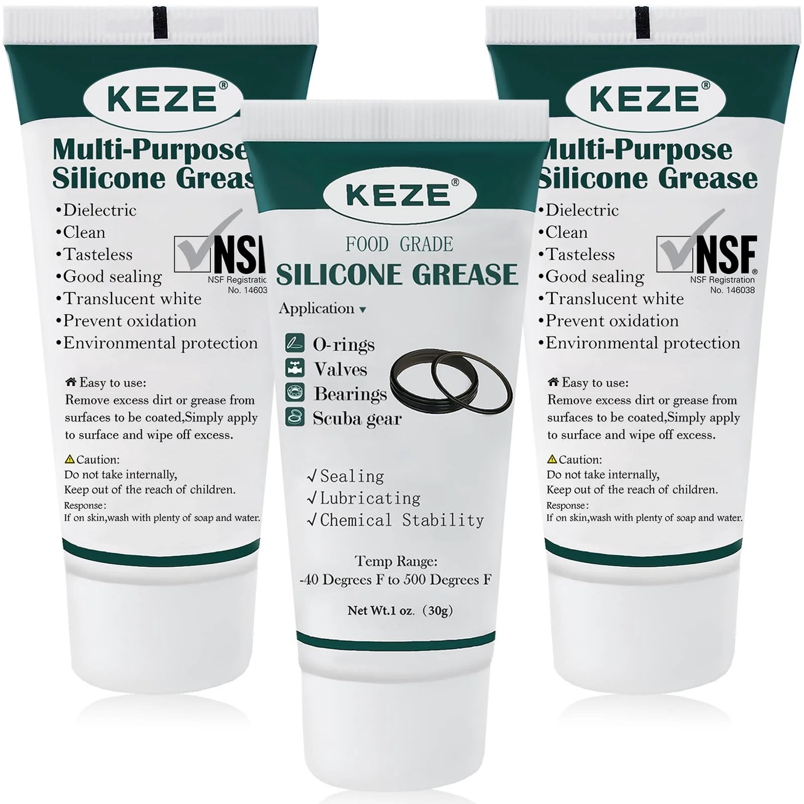Front view of KEZE 3-pack food grade silicone grease for faucets and valves, waterproof sealant lubricant, NSF approved.