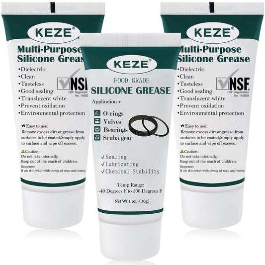 Front view of KEZE 3-pack food grade silicone grease for faucets and valves, waterproof sealant lubricant, NSF approved.