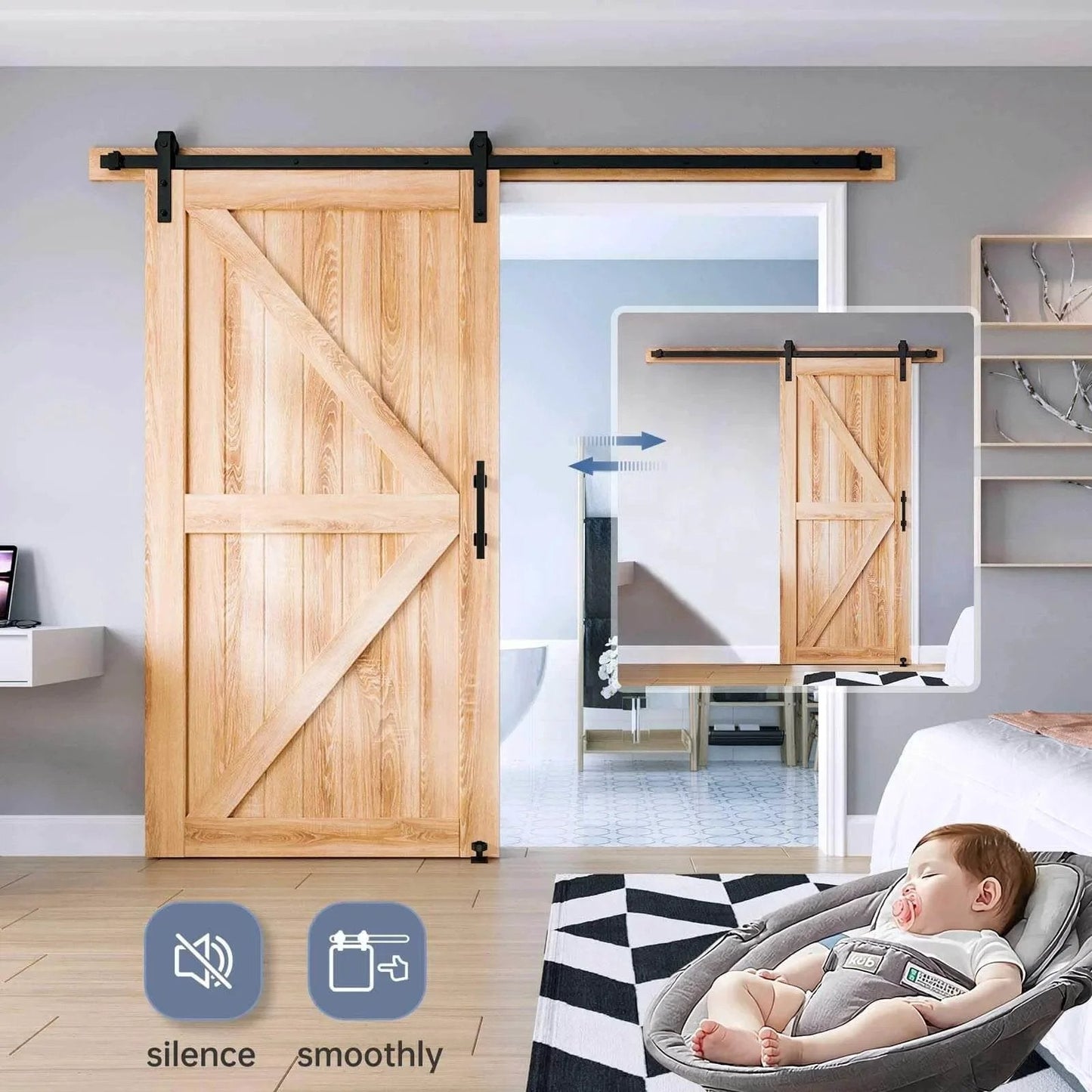 EaseLife Eight Foot Sliding Barn Door Track And Hardware Kit with Basic J Pulley installed, wooden door on black track.