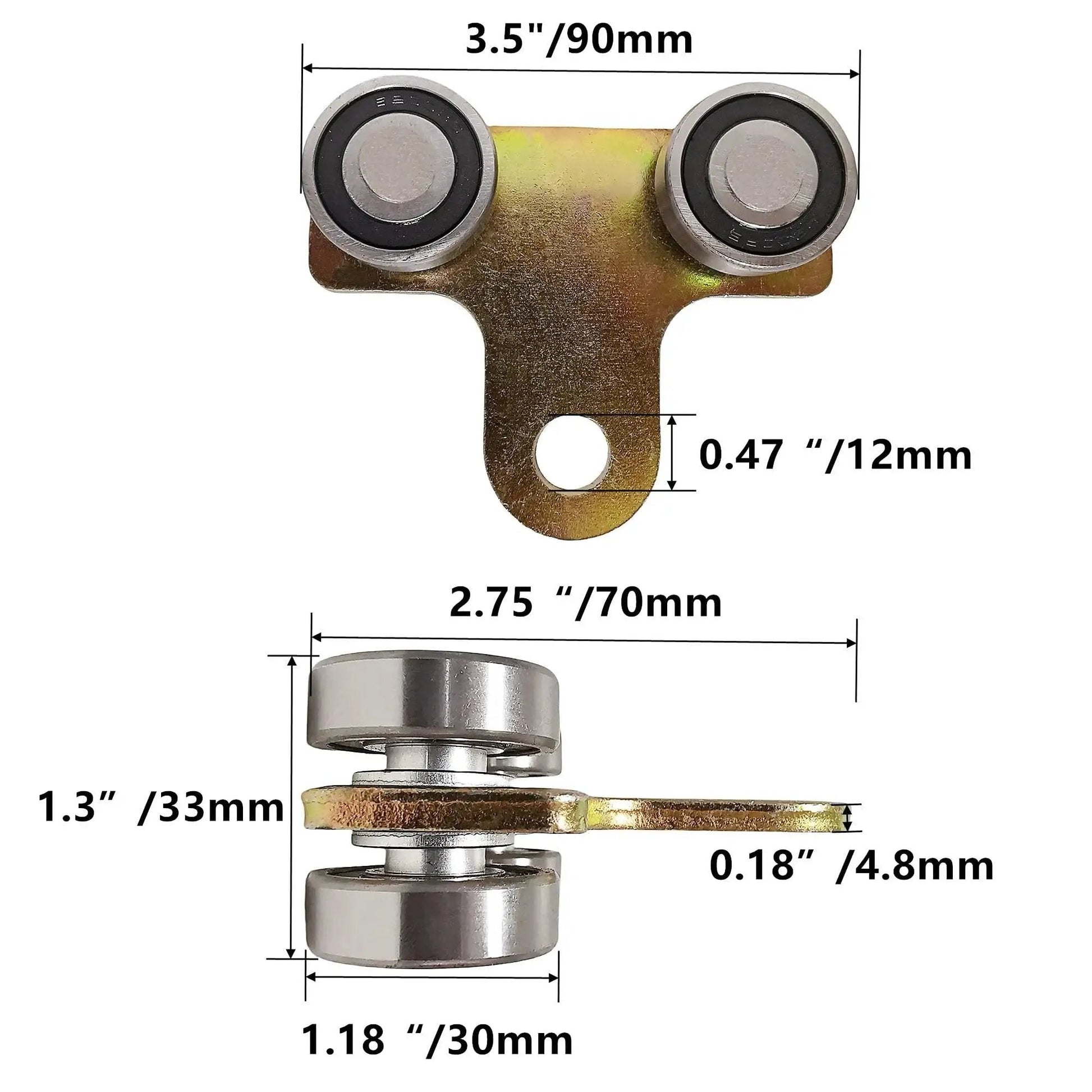 Four Wheel Cable Trolley System With Four Bearing Trolley Assembly for 1-5/8 Inch Wide Strut Channel, showing dimensions and components.
