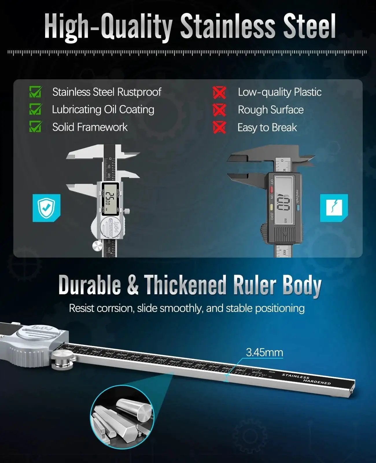 Digital Caliper 12 Inch With ABS Absolute Scale IP54 Waterproof Stainless Steel Vernier Caliper With Inch MM And Fraction Readouts Auto Off LCD Display Precision Measuring Tool Feeler Gauges Included, highlighting stainless steel construction and LCD display.