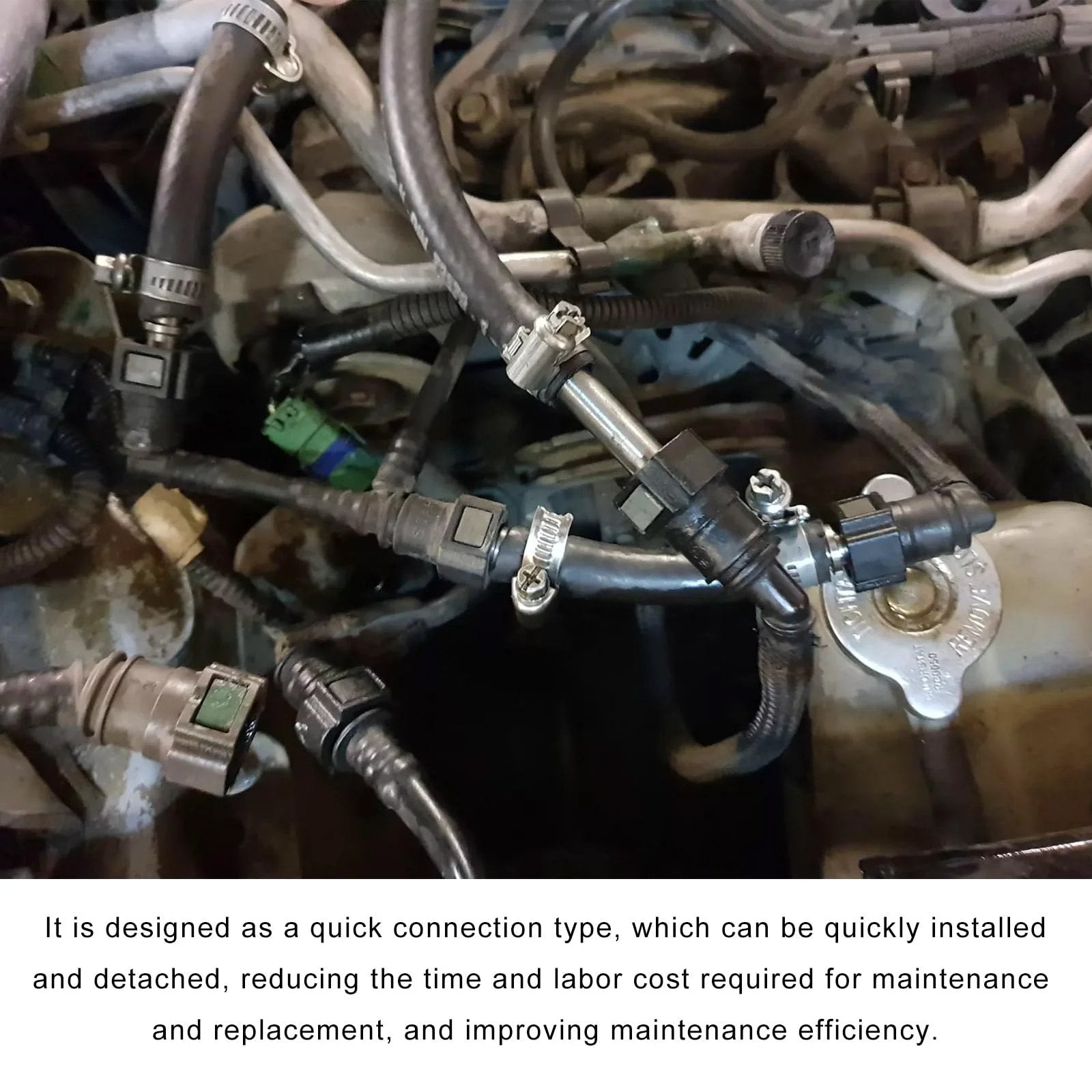 Installed view of two-pack fuel line quick connectors 3/8 to 5/16 SAE Bundy female to hose barb nylon fittings on vehicle