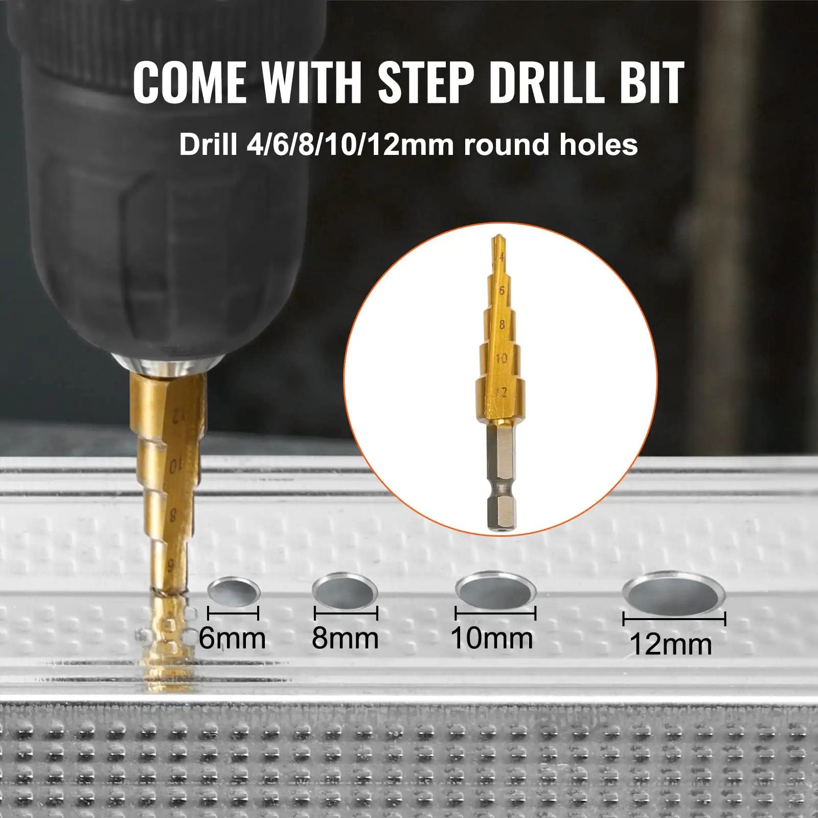Image showing a drill with step bit creating round holes in metal, ranging from 6mm to 12mm. Includes Double Head Sheet Metal Nibbler Cutter For Drills, 360 Degree Cutting Attachment With Extra Punch And Die, Hole Cutting Accessory For Straight, Curve, And Circle Cuts, Fits Most Electric Drills, Heavy Duty Diy Metalworking Tool focus keyword.