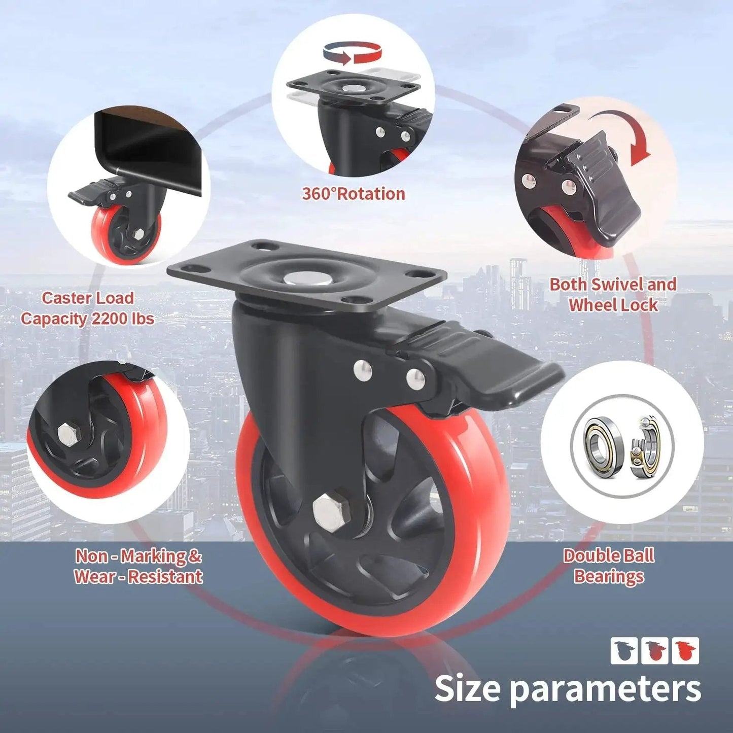 Heavy Duty Beefed Up 5 Inch Caster Wheels With Brake Set Of 4 Dual Locking Industrial Casters For Cart And Workbench image showing 360° rotation, 2200 lb load capacity, non-marking wheels with double ball bearings.