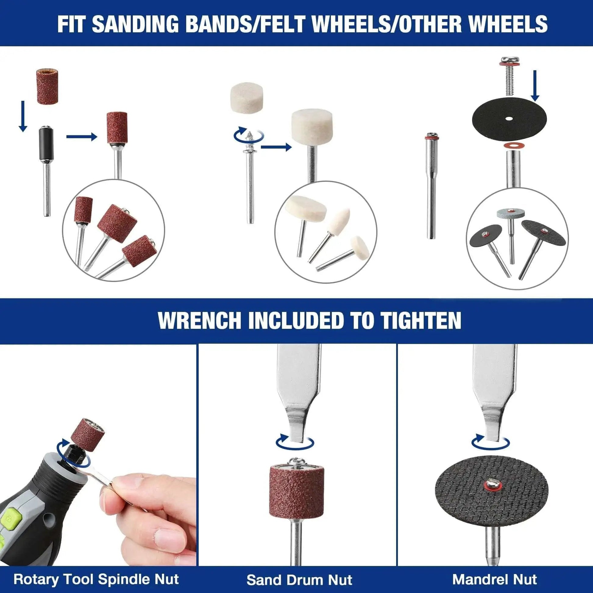 All In One 530 Piece Rotary Tool Accessory Kit For Cutting Grinding Sanding Polishing Cleaning Drilling Carving And Engraving From WORKPRO with sanding attachments and wrench