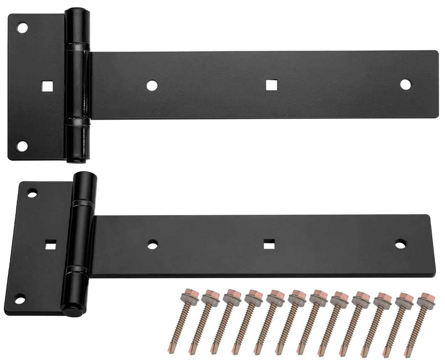 Industrial Strength 12 Inch T Strap Gate Hinges 4mm Thick 180 Degree Swing Rust Proof Black Steel with screws