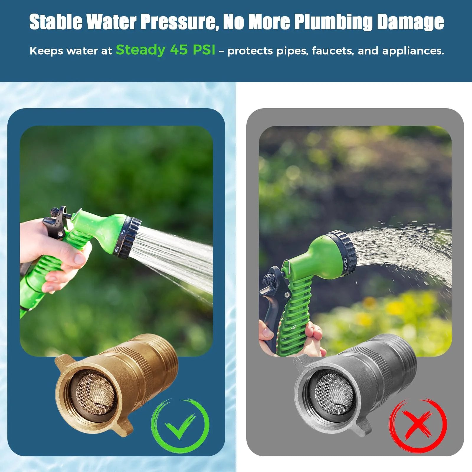 Comparison of brass RV water pressure regulator and standard regulator with green hose, showing water flow differences.