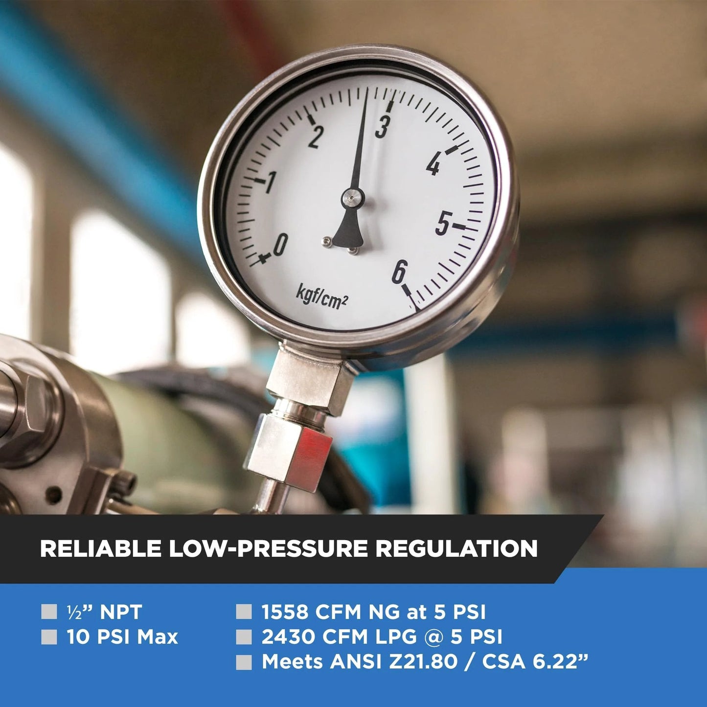 Natural Gas And Propane Regulator With Internal Relief Valve For Low Pressure One Half Inch NPT 10 PSI Max High Flow 1558 CFM