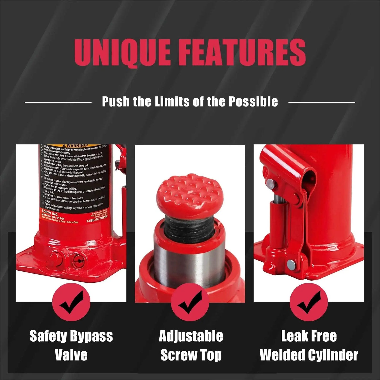Close-up of 20 Ton Hydraulic Bottle Jack With Adjustable Top Extension And 9.44 To 17.69, showing features like safety valve and screw top.