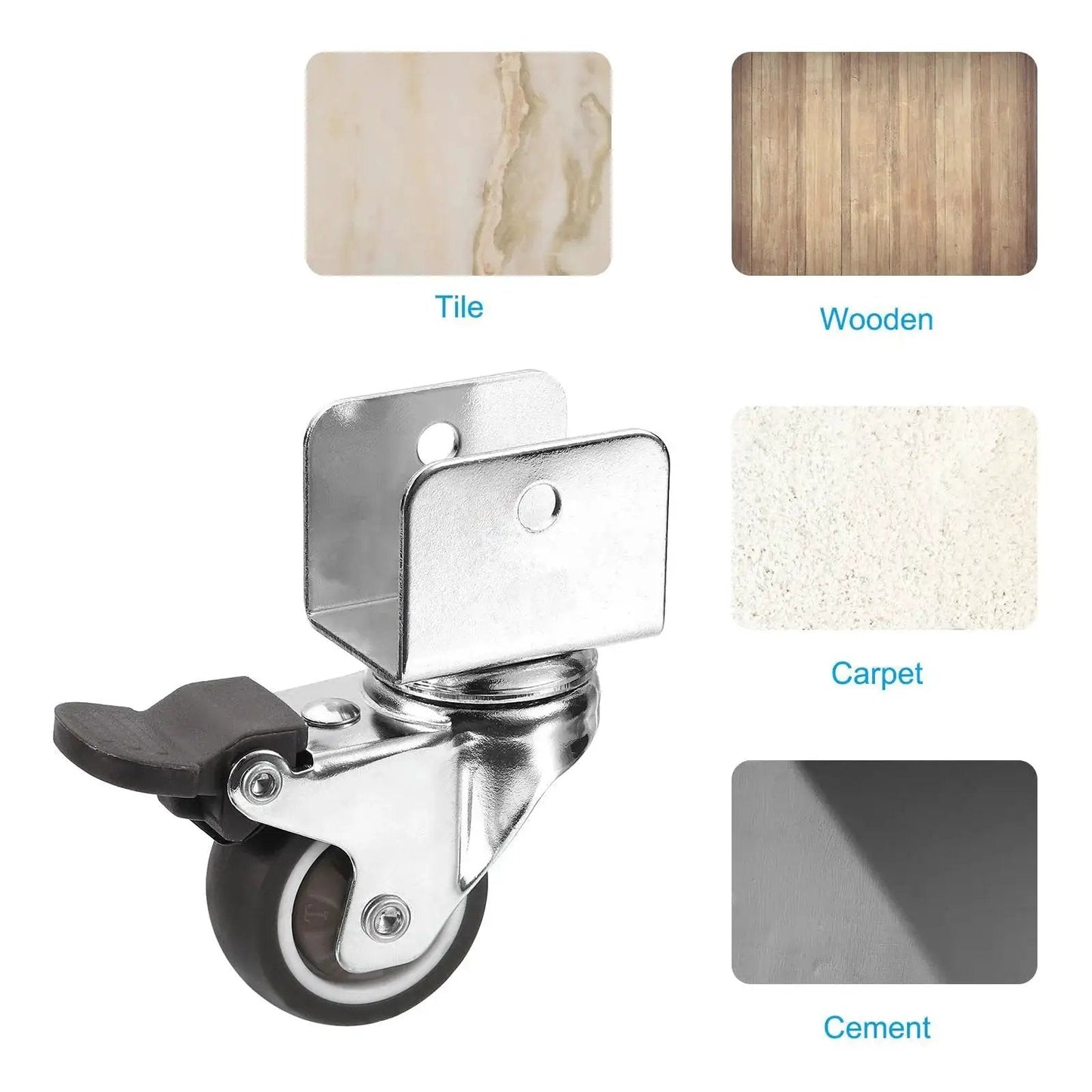 1.5 Inch Swivel Caster Wheels With 1 Inch U Bracket Four Pack Mute Casters With Brake For Cabinets Furniture And Tables Total Load 132 Lbs 60 Kg TPR Wheel And Mounting Hardware Included on tile, wooden, carpet, and cement surfaces
