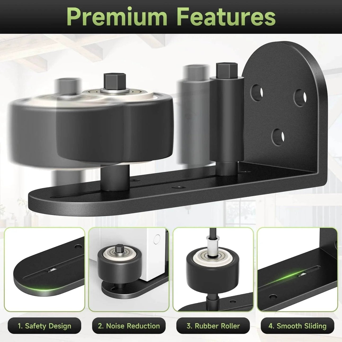 2 Pack Sliding Barn Door Floor Guide Set With Quiet Bearing And Adjustable Rubber Rollers, shown in black aluminum