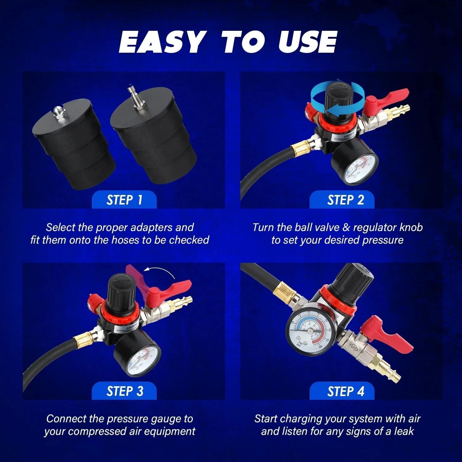 Turbo System Leakage Tester Kit with adapters and gauge in assembly steps for turbocharger boost lines