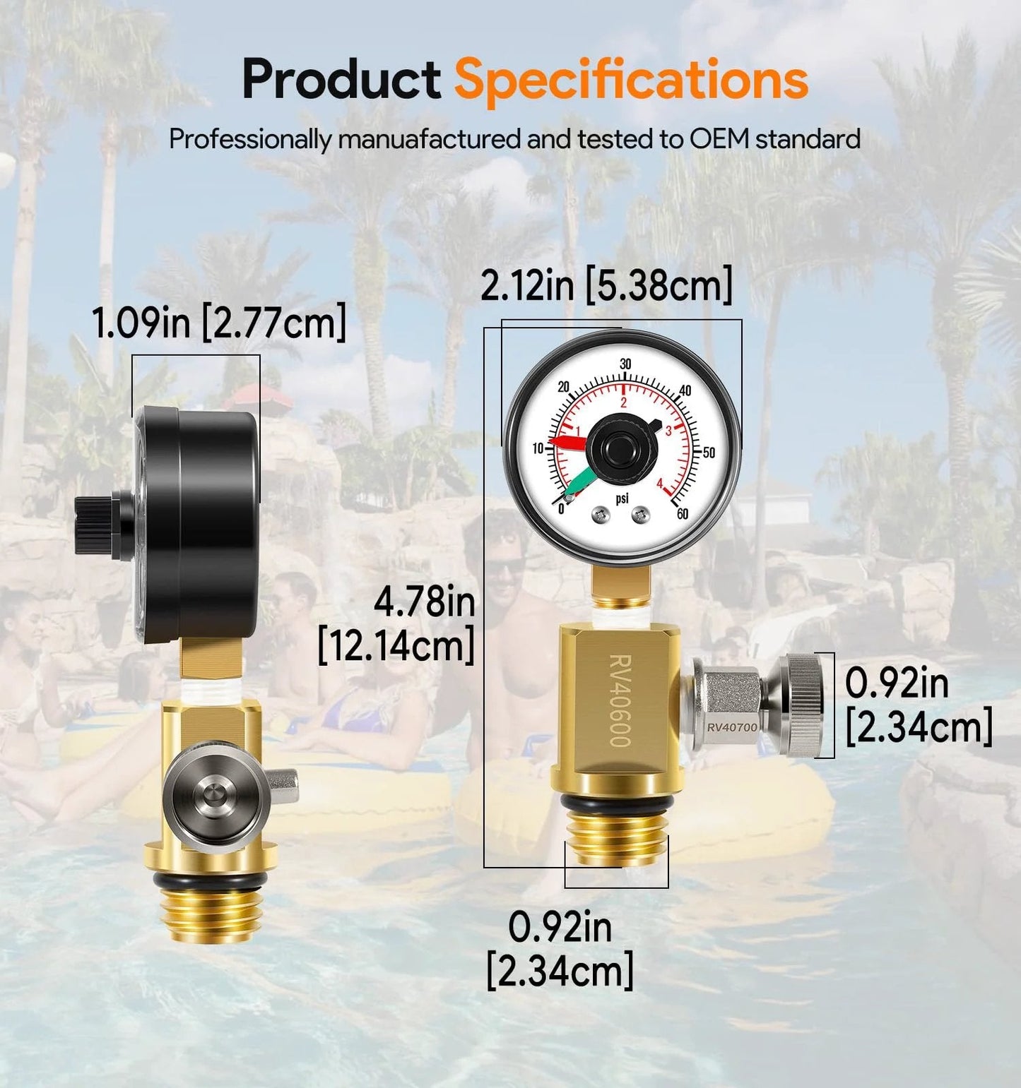Brass Air Relief Valve With Pressure Gauge For Pool Filters Replacement Parts No Fuss Compatibility With FNS FNS Plus Clean And Clear Quad DE Predator Warrior EasyClean 4000 Series And More - Product dimensions and design details.