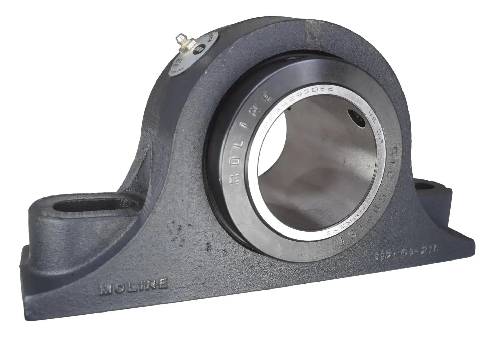 Front view of Built Tough Two Bolt Pillow Block Bearing 2-15 Sixteenths Inch Type E with gray iron housing.