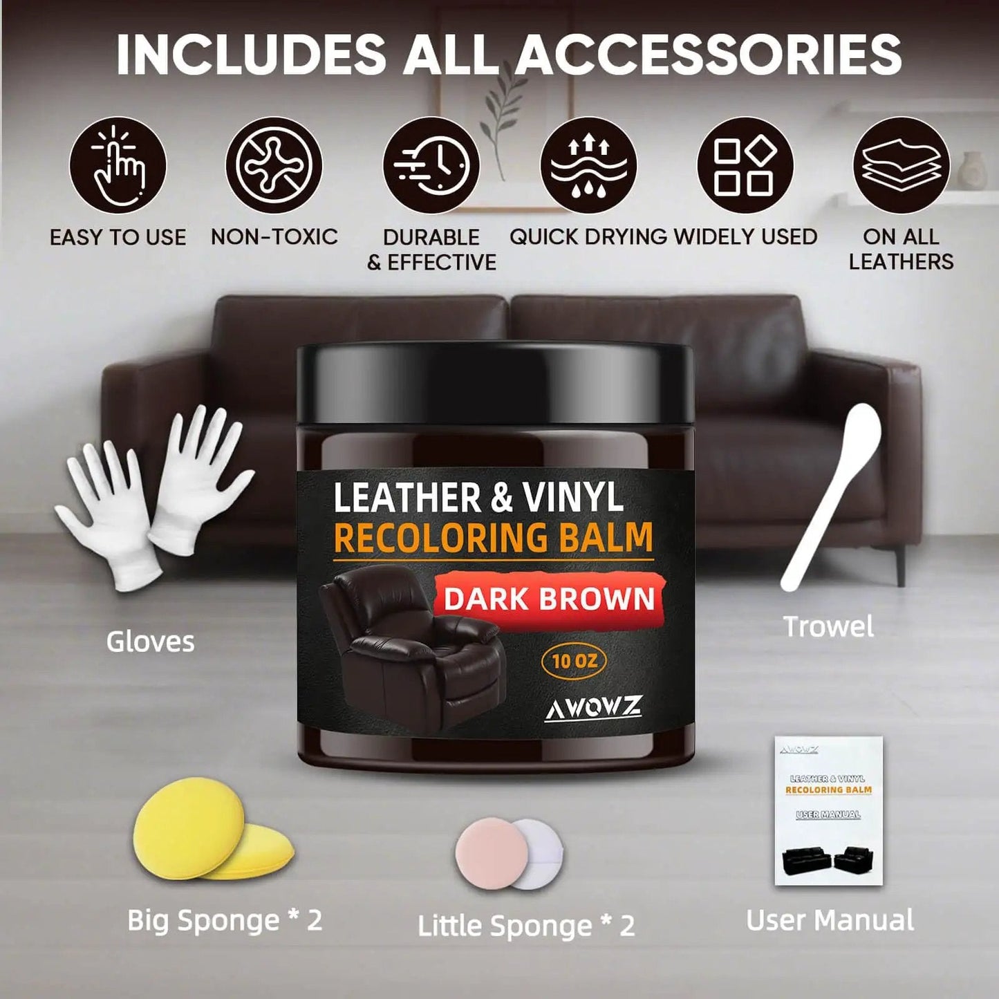 Dark Brown Leather Recoloring Balm for Scratch Repair and Color Restore, 10 Oz with gloves, sponges, trowel and manual.