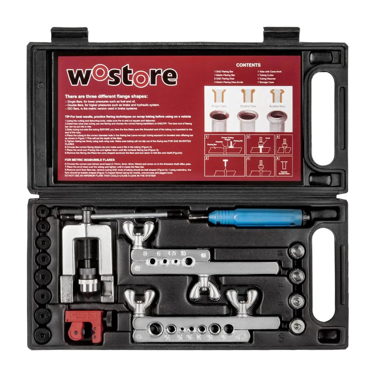 Brake Line Flare Kit for SAE Flares with Tubing Cutter and Pipe Reamer 7 Sizes in black case with tools visible