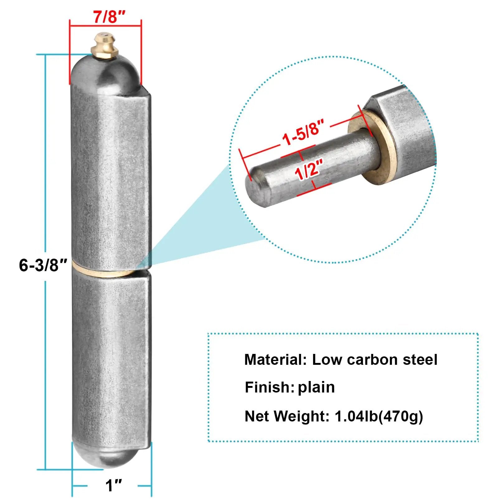Four Pack Weld On Bullet Hinges With Grease Zerk Heavy Duty Lift Off Barrel Hinges For Metal Gates Trailers And BBQ Smokers Six And Three Eighths Inch Long By Seven Eighths Inch Diameter Pin Half Inch 550 Lbs Per Pair Low Carbon Steel Silver MOUNTAIN_ARK displayed in detailed specifications