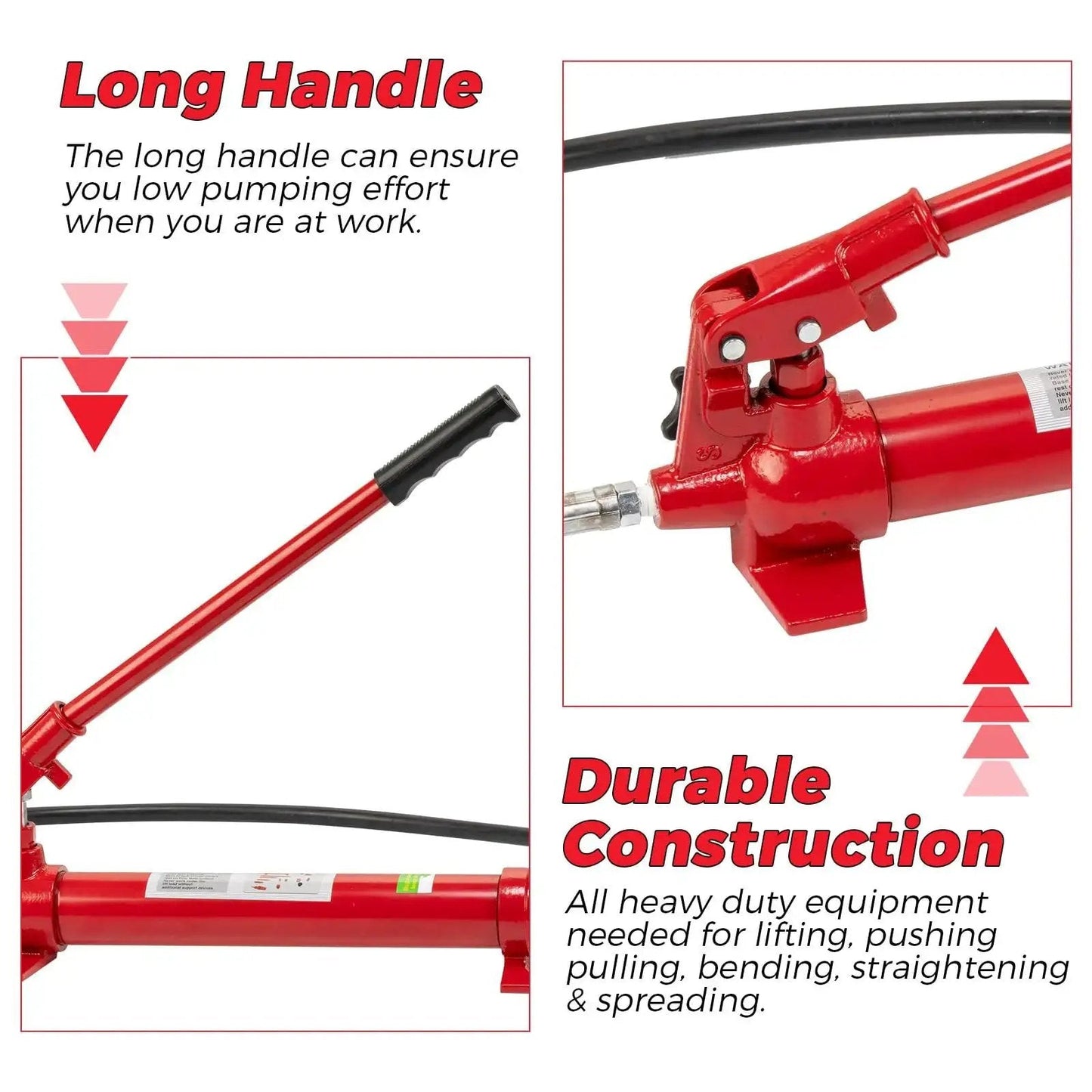 Close-up of 12 Ton Hydraulic Jack Kit With 55 Inch Hose For Heavy Duty Vehicle Frame Repair, highlighting long handle and durable construction.