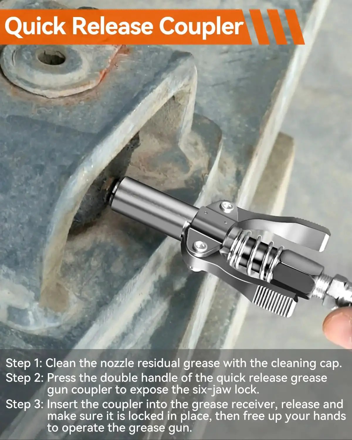 Heavy Duty 10000 PSI Grease Gun Kit quick release coupler attached to machinery for lubrication.