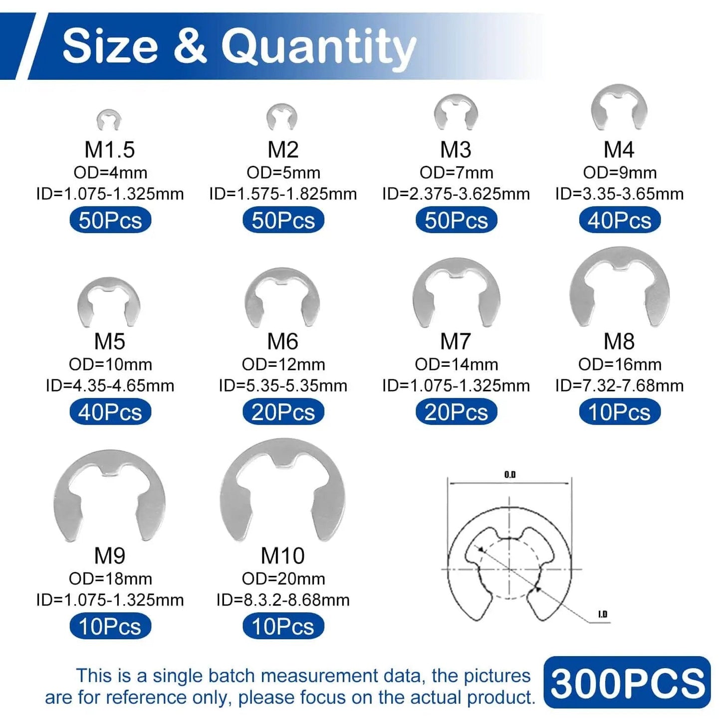 Beefy 300Pcs Stainless Steel E Clips Kit With 10 Sizes M1.5 To M10 chart showing dimensions and quantities
