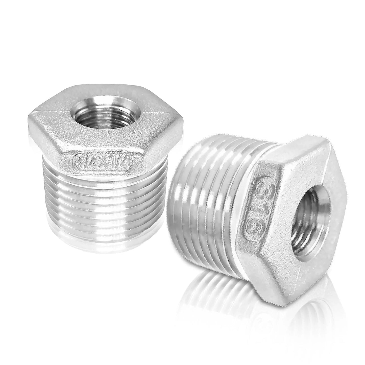 Heavy Duty 316 Stainless Steel Hex Bushing Reducer Three Quarter Inch To One Quarter Inch NPT Male To Female Pipe Fitting Adapter Corrosion Resistant Connector For Plumbing Hydraulic Air Oil And Gas Systems displayed on a reflective surface showing top and side view.