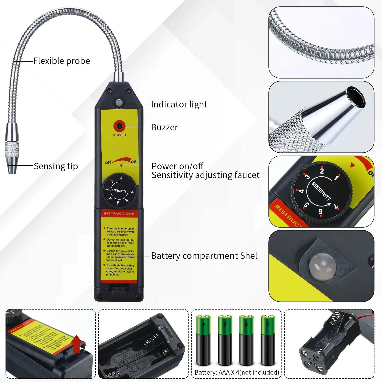 Refrigerant Leak Detector Kit With LED Light For Auto AC Halogen Gas Leak Tester UV Protective Glasses 3 Piece HVAC Detection Tool Set With Flashlight showing components and features.